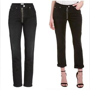 Hudson Crop Riley Relaxed Straight Jeans exposed zipper Black Denim 30